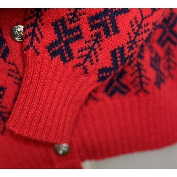 VINTAGE Fall River Wool Blend Cardigan Sweater Womens Medium Red Blue Snowflake - Picture 5 of 12